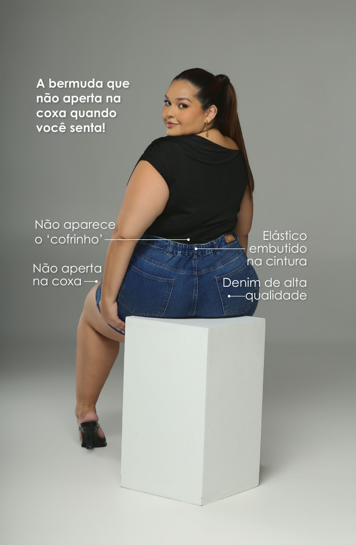 Bermuda Jeans Plus Size Cintura Média Reta Azul