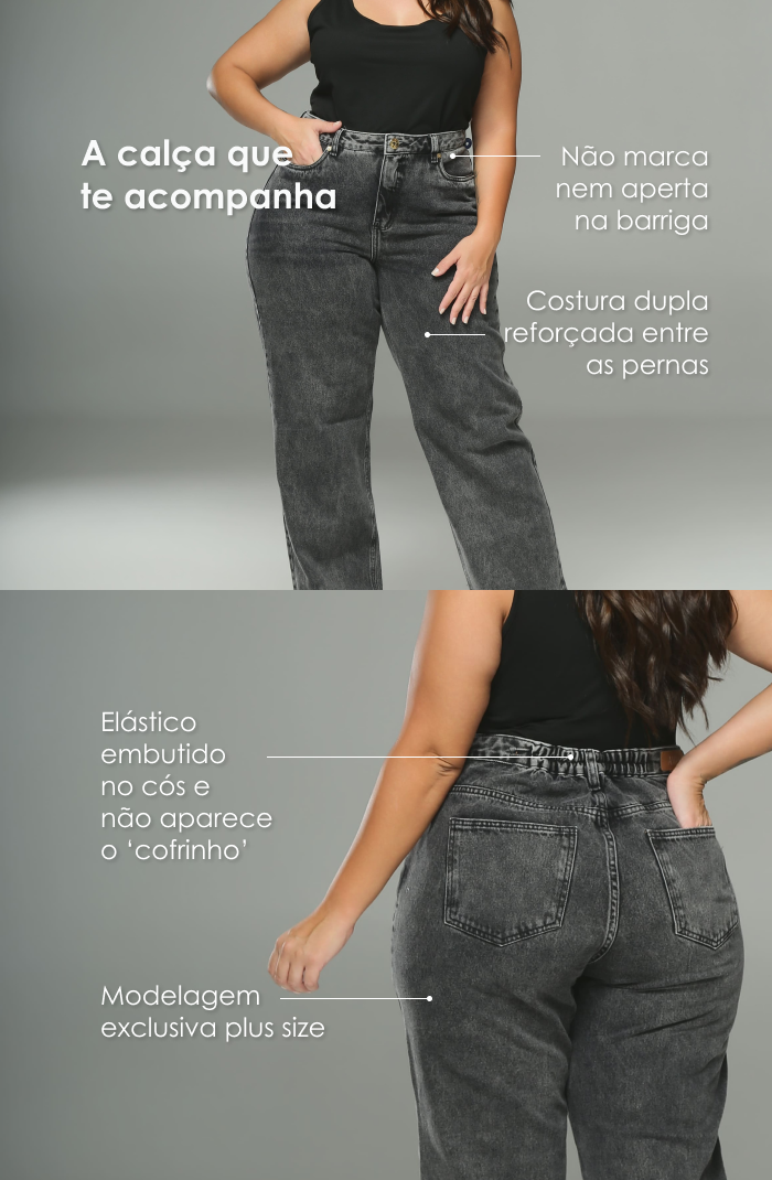 Calça Jeans Plus Size Reta Cintura Alta Preta