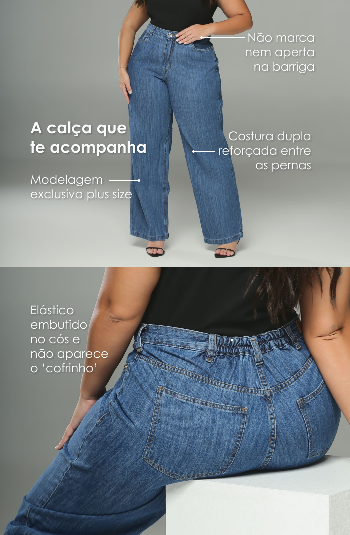 Calça Jeans Plus Size Reta Cintura Alta Azul Médio
