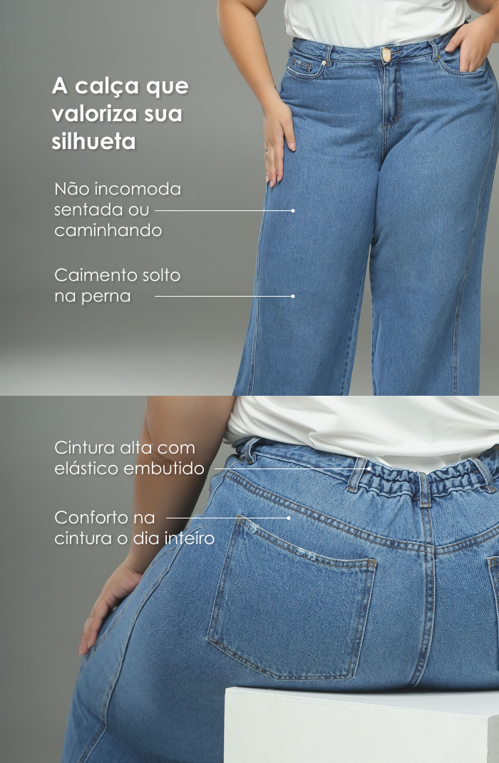 Calça Jeans Plus Size Wide Leg Cintura Alta Azul Claro