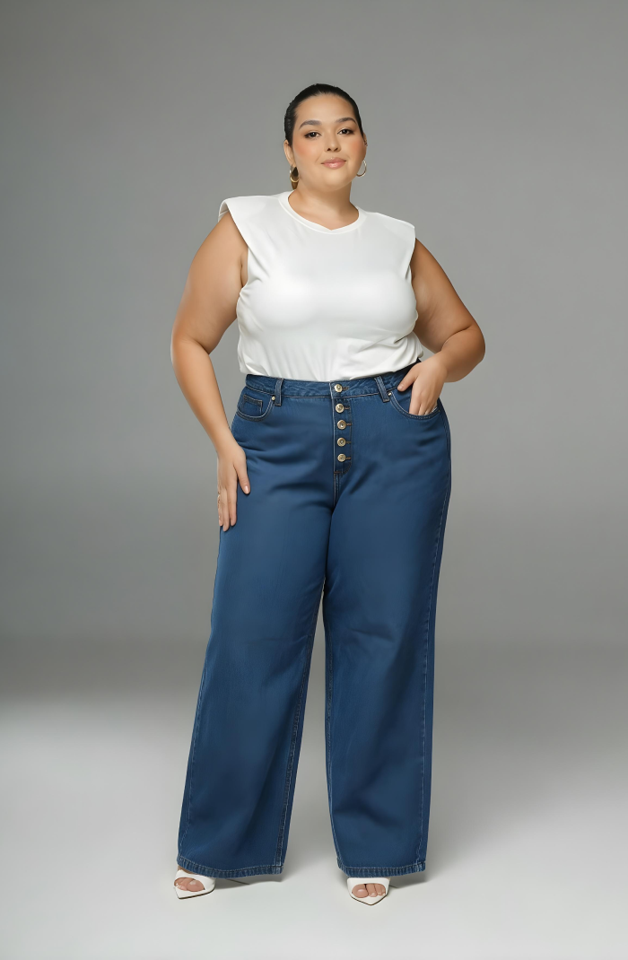 Calça Wide Leg com Detalhes de Botões