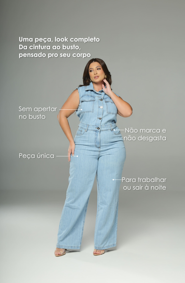 Macacão Jeans Plus Size Cintura Alta Marcada Azul Claro