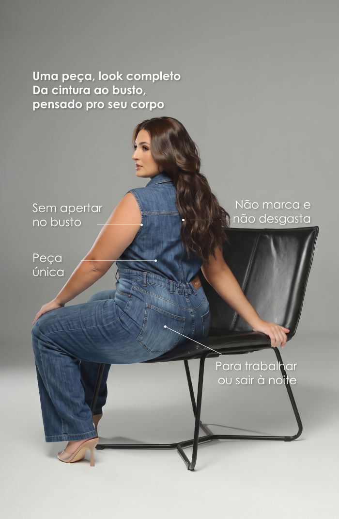 Macacão Jeans Plus Size Cintura Alta Marcada Azul Médio