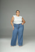 Calça Jeans Plus Size Wide Leg Cintura Alta Azul Claro