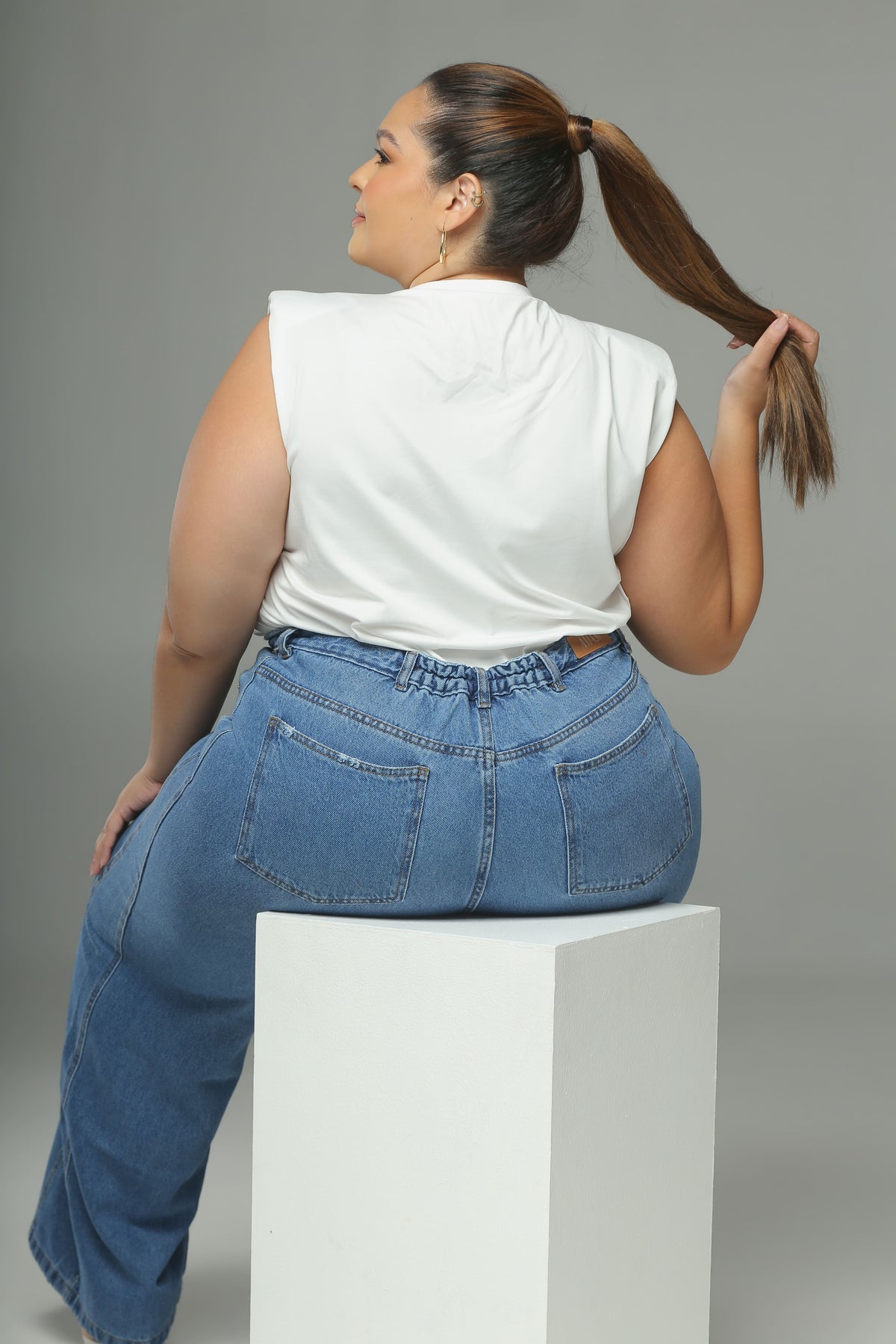Calça Jeans Plus Size Wide Leg Cintura Alta Azul Claro