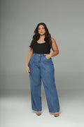 Calça Jeans Plus Size Reta Cintura Alta Azul Médio